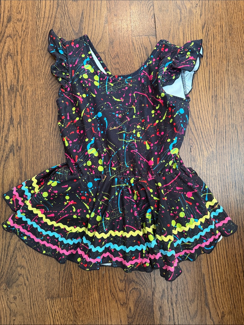 Kids Black Neon Paint-Splash Dance Costume with Ruffle Skirt